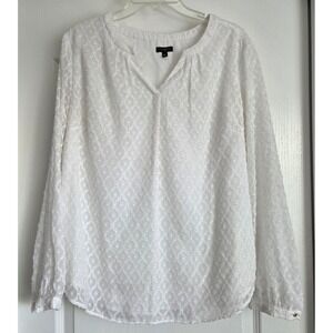 Talbots White Textured‎ Sheer Long Sleeve V Neck Blouse Sz XL Petite Office